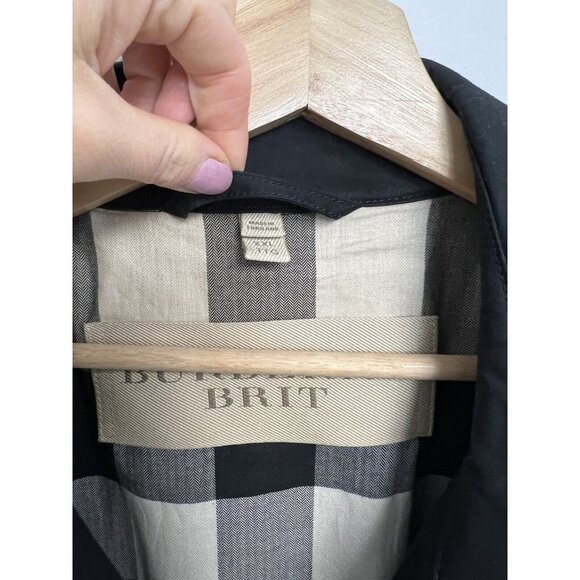 Burberry Brit Men’s Black Double Breasted Plaid Lined  Belt Trench Coat Jacket - Picture 6 of 15